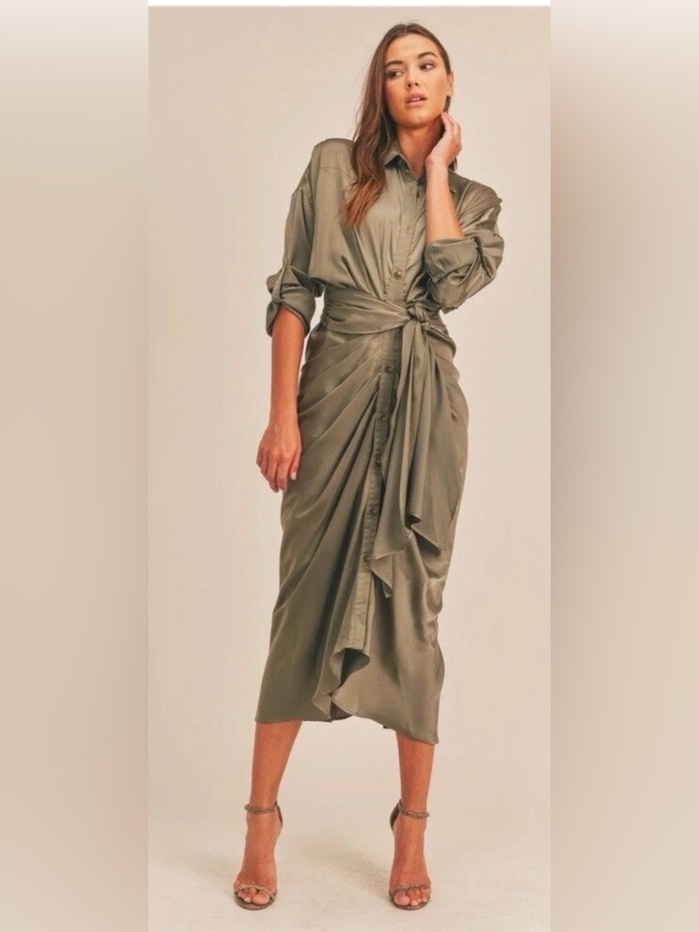 Mable Olive Wrap Shirtdress with Tie Waist